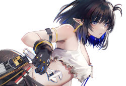 Rule 34 | 1girl, arknights, black hair, blue eyes, crop top, earrings, eunectes (arknights), eunectes (forgemaster) (arknights), gloves, jewelry, midriff, official alternate costume, pointy ears, shishui mao, simple background, solo, white background, wrench