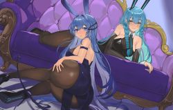 Rule 34 | 2girls, absurdres, anchor, animal ears, aqua hair, ass, ass focus, azur lane, bare shoulders, between breasts, black legwear, blue eyes, blue hair, blush, bodystocking, boise (azur lane), boise (sheepish sapphire) (azur lane), braid, breasts, couch, elbow gloves, fake animal ears, from behind, gloves, hair ornament, hand on own ass, high heels, highres, jintianhuahualema, leotard, looking at viewer, looking back, lying, multiple girls, necktie, necktie between breasts, new jersey (azur lane), new jersey (exhilarating steps!) (azur lane), official alternate costume, pantyhose, playboy bunny, rabbit ears, shiny clothes, shoe soles, smile, stiletto heels, twin braids, yellow eyes