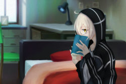 Rule 34 | 1girl, artoria pendragon (fate), bad id, bad pixiv id, book, covering face, desk, desk lamp, fate/grand order, fate (series), glasses, highres, hood, lamp, mysterious heroine x alter (fate), mysterious heroine x alter (second ascension) (fate), on bed, semi-rimless eyewear, sitting, solo, type-moon, under-rim eyewear, windowsill, yellow eyes