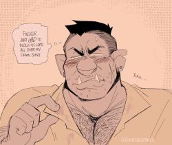 Rule 34 | 1boy, arm hair, bara, bundleofboys, chest hair, collared shirt, cum, cum on clothes, english text, facial, facial hair, frown, hairy, highres, large pectorals, male focus, mature male, monster boy, muscular, muscular male, mustache stubble, orc, original, partially unbuttoned, pectoral cleavage, pectorals, pointy ears, portrait, shirt, short hair, solo, sparse stubble, stubble, thick eyebrows, thought bubble, tusks, undercut, zarak (bundleofboys)
