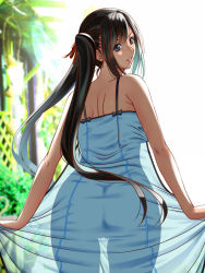 Rule 34 | 1girl, ass, back, bare shoulders, black hair, blue eyes, breasts, day, dress, earrings, final fantasy, final fantasy vii, jewelry, large breasts, long hair, looking at viewer, looking back, no bra, no panties, outdoors, palm tree, parted lips, see-through, smile, solo, switch01, thigh gap, tifa lockhart, tree, twintails, very long hair