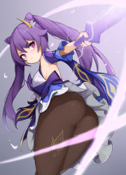 Rule 34 | 1girl, absurdres, armpits, ass, ass focus, black pantyhose, cone hair bun, double bun, dress, frilled skirt, frilled sleeves, frills, genshin impact, hair bun, highres, keqing (genshin impact), kkusak (kkusag ks), pantyhose, purple dress, purple eyes, purple hair, simple background, skirt, slashing, solo, sword, twintails, weapon