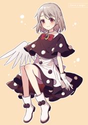 Rule 34 | 1girl, angel wings, beige background, blush, boots, brooch, capelet, closed mouth, commentary request, cosplay, doremy sweet, doremy sweet (cosplay), dress, floating, full body, gloves, jewelry, kishin sagume, layered skirt, looking at viewer, outline, red eyes, red neckwear, short hair, silver hair, simple background, single wing, skirt, smile, solo, swept bangs, touhou, touya (konpekitou), white dress, white footwear, white gloves, white outline, wings