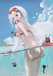 Rule 34 | absurdres, arknights, ass, ass support, bare shoulders, bikini, blue sky, bottomless, breasts, cloud, day, doctor (arknights), eyewear on head, grani (arknights), hair between eyes, hair ornament, highres, kal&#039;tsit (arknights), large breasts, long hair, looking at viewer, omone hokoma agm, outdoors, partially submerged, partially underwater shot, red bikini, red eyes, see-through, silver hair, skadi (arknights), sky, specter (arknights), sunglasses, swimsuit, tinted eyewear, underwater, very long hair, wading, water, water drop, wet, whale hair ornament