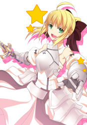 Rule 34 | 1girl, ahoge, armor, armored dress, artoria pendragon (fate), bare shoulders, blonde hair, bow, caliburn (fate), capcom, dress, fate/stay night, fate/unlimited codes, fate (series), faulds, gauntlets, green eyes, hair bow, highres, open mouth, ponytail, saber (fate), saber lily, samuraig, solo, sword, weapon