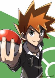Rule 34 | 1boy, absurdres, black jacket, brown hair, closed mouth, commentary request, creatures (company), game freak, gary oak, green background, green eyes, hair between eyes, hand up, highres, holding, holding poke ball, jacket, jewelry, long sleeves, male focus, nintendo, pendant, poke ball, poke ball (basic), poke ball symbol, pokemon, pokemon (anime), pokemon journeys, short hair, signature, smile, solo, spiked hair, twitter username, two-tone background, upper body, watagashikn, white background