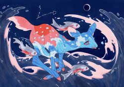Rule 34 | animal, animal focus, blue background, blue eyes, blue fur, blue sky, colored sclera, crescent moon, deer, double exposure, fawn, fish, fleebites, jumping, moon, night, night sky, no humans, ocean, original, pisces (constellation), red fur, red sclera, red sun, running, salmon, signature, sky, sun, tongue, tongue out, traditional media, water, wave print, waves