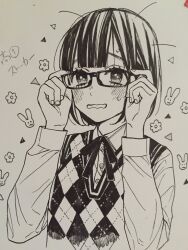 Rule 34 | 1girl, adjusting eyewear, argyle, argyle clothes, argyle sweater, blush, buttons, collared shirt, commentary request, flower (symbol), glasses, greyscale, hands up, long sleeves, looking ahead, monochrome, neck ribbon, nervous, open mouth, original, rabbit, rectangular eyewear, ribbon, sakurada reiko, shirt, short hair, solo, sweat, sweater, traditional media, triangle, upper body, wavy mouth
