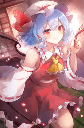 Rule 34 | 1girl, 60mai, blush, bow, closed mouth, collar, cosplay, detached sleeves, dress, frilled dress, frills, gohei, hair between eyes, hakurei reimu, hakurei reimu (cosplay), hat, holding, indoors, looking at viewer, mob cap, ofuda, pink hair, pink hat, red bow, red dress, red eyes, red shirt, red skirt, remilia scarlet, shirt, short hair, skirt, smile, solo, touhou, wide sleeves, wings, yellow neckwear