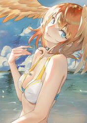 Rule 34 | 1girl, bikini, blonde hair, blue eyes, breasts, choker, cloud, collarbone, eunie (xenoblade), fadingz, head tilt, head wings, highres, long hair, looking at viewer, looking to the side, mountain, parted lips, signature, small breasts, smile, solo, swimsuit, water, wings, xenoblade chronicles (series), xenoblade chronicles 3