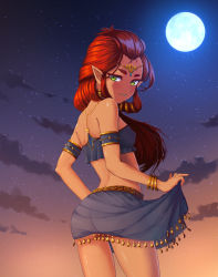 Rule 34 | 1girl, ass, bare shoulders, blue skirt, breasts, commentary, dark-skinned female, dark skin, from behind, gerudo, green eyes, highres, lifting own clothes, long hair, looking at viewer, moon, night, night sky, nintendo, no panties, outdoors, pointy ears, red hair, riju, ruby suguri, see-through, skirt, sky, small breasts, smile, solo, star (sky), starry sky, the legend of zelda, the legend of zelda: breath of the wild