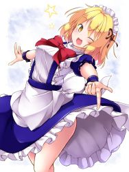 Rule 34 | 1girl, aka tawashi, apron, blonde hair, blue dress, blush, bow, bowtie, breasts, brown ribbon, commentary request, dress, feet out of frame, frilled apron, frills, hair ribbon, highres, looking at viewer, maid headdress, medium breasts, mugetsu (touhou), one eye closed, open mouth, petticoat, pointing, pointing at viewer, puffy short sleeves, puffy sleeves, red bow, red bowtie, ribbon, short hair, short sleeves, smile, solo, star (symbol), suspenders, thighs, touhou, touhou (pc-98), white apron, white background, wrist cuffs, yellow eyes