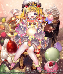 Rule 34 | 1girl, ;d, blonde hair, candy, chair, company name, cracker, cupcake, etomai, food, fruit, icing, lollipop, long hair, looking at viewer, macaron, majoca majoluna, official art, one eye closed, open mouth, pancake, pink thighhighs, shrug (clothing), sitting, smile, solo, strawberry, thighhighs, twintails, white thighhighs