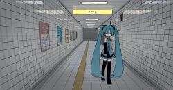 Rule 34 | 1girl, absurdres, aqua eyes, aqua hair, aqua necktie, arrow (symbol), bare shoulders, black skirt, black sleeves, black thighhighs, boots, ceiling light, character print, commentary, detached sleeves, exit sign, fluorescent lamp, grey shirt, hair ornament, hallway, hatsune miku, heart, highres, horror (theme), indoors, long hair, looking at viewer, miniskirt, necktie, pleated skirt, poster (object), scenery, shiro kuro (shirokuro 3939), shirt, sign, skirt, sleeveless, sleeveless shirt, sleeves past fingers, sleeves past wrists, smile, solo, standing, tactile paving, the exit 8, thigh boots, thighhighs, tile floor, tile wall, tiles, twintails, vanishing point, very long hair, vocaloid, walking, wide shot, zettai ryouiki