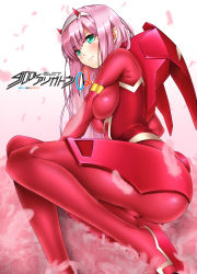 Rule 34 | 10s, 1girl, absurdres, ass, blush, bodysuit, breasts, closed mouth, commentary request, darling in the franxx, derivative work, feathers, green eyes, hair between eyes, highres, horns, impossible bodysuit, impossible clothes, legs, long hair, long legs, medium breasts, oooqqq, pink feather, pink feathers, pink hair, red bodysuit, sitting, smile, solo, thighs, very long hair, zero two (darling in the franxx)
