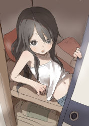 Rule 34 | 1girl, absurdres, brown eyes, brown hair, collarbone, commentary request, copyright request, hair between eyes, highres, long hair, looking at viewer, lying, midriff, navel, on back, open mouth, pillow, shirt, sketch, sleeveless, sleeveless shirt, solo, white shirt, yamamoto souichirou