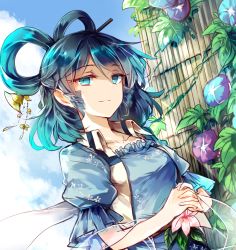 Rule 34 | 1girl, belt, blue dress, blue eyes, blue flower, blue hair, blue sky, breasts, collarbone, day, dress, drill hair, drill sidelocks, dutch angle, flower, hair between eyes, hair ornament, hair rings, hair stick, kaku seiga, kutsuki kai, leaf, looking at viewer, medium breasts, outdoors, own hands together, pink flower, puffy short sleeves, puffy sleeves, purple flower, shawl, short hair, short sleeves, sidelocks, sky, smile, solo, touhou, twin drills, upper body, vest, white vest, wing collar