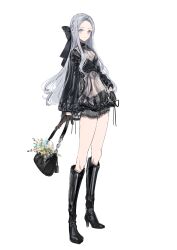 Rule 34 | 1girl, absurdres, bad id, bad twitter id, bag, bare legs, black bag, black bow, black choker, black footwear, black gloves, black shorts, blouse, blue flower, boots, bouquet, bow, braid, breasts, chain, choker, cleavage, commentary request, expressionless, flower, frilled bow, frilled shorts, frills, full body, gawako, gloves, grey eyes, grey hair, hair bow, hair over shoulder, half-shirt, handbag, head tilt, highres, knee boots, legs together, long hair, long sleeves, looking at viewer, medium breasts, navel, original, parted lips, pink flower, red flower, see-through, see-through shirt, shirt, short shorts, shorts, sidelocks, simple background, solo, thighs, very long hair, white background, white flower, wide sleeves, yellow flower