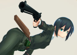 Rule 34 | 1girl, :&lt;, absurdres, belt, belt pouch, bent over, black hairband, breasts, brown belt, commentary, dress shirt, finger on trigger, green eyes, green jacket, green pants, grey background, gun, hair between eyes, hairband, handgun, highres, holding, holding gun, holding weapon, holster, jacket, kino (kino no tabi), kino no tabi, leaning forward, looking at viewer, looking to the side, outstretched arm, pants, parted lips, pouch, revolver, shirt, short hair, small breasts, solo focus, weapon, white shirt, yamachi (xadp7533)
