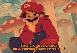 Rule 34 | 1boy, artist name, blue eyes, blue overalls, brown hair, commentary, english commentary, english text, facial hair, hair behind ear, hand on own cheek, hand on own face, hood, hoodie, linmiee, looking down, male focus, mario, mario (series), marvel, meme, mushroom, mustache, nintendo, overalls, red headwear, red hoodie, smile, solo, spider-man (series), spider-man 1 (2002), super mario bros. 1