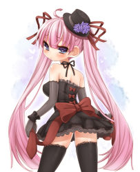Rule 34 | 1girl, black thighhighs, blush, breasts, detached sleeves, frown, hat, heart, inuue kiyu, lolita fashion, long hair, looking back, open mouth, original, pink hair, purple eyes, ribbon, solo, symbol-shaped pupils, thighhighs, twintails, very long hair, wrist cuffs