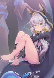Rule 34 | 1girl, altina orion, animal hood, argyle, argyle clothes, argyle cutout, arms between legs, ass, bare legs, barefoot, beads, black gloves, black jumpsuit, blush, bottomless, clothing cutout, commentary request, eiyuu densetsu, expressionless, falcom, feet, full body, gloves, green eyes, hair beads, hair between eyes, hair ornament, highres, hood, jumpsuit, long hair, long sleeves, looking at viewer, low twintails, mechanical tail, misashi (raichi821), navel, sen no kiseki, sen no kiseki ii, short jumpsuit, silver hair, sitting, solo, tail, thighs, toes, twintails