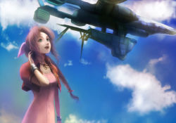 Rule 34 | 1990s (style), 1girl, adjusting hair, aerith gainsborough, aircraft, airship, bad id, bad pixiv id, brown hair, cloud, cropped jacket, day, dodon (reina), dress, final fantasy, final fantasy vii, flying, green eyes, highwind, pink dress, reina (artist), retro artstyle, sky, smile, solo
