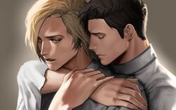 Rule 34 | 2boys, arm around neck, black hair, blonde hair, closed eyes, closed mouth, commentary, couple, dion lesage, earrings, emo37337640, eyelashes, final fantasy, final fantasy xvi, hand on another&#039;s arm, high collar, highres, hug, hug from behind, jewelry, male focus, multiple boys, parted lips, shirt, short hair, simple background, single earring, swept bangs, terrence (ff16), upper body, wide sleeves, yaoi, yellow eyes