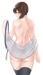 Rule 34 | 10s, 1girl, ass, back, black thighhighs, blush, bottomless, brown eyes, brown hair, dress, from behind, fukuroumori, kaga (kancolle), kantai collection, looking at viewer, looking back, no bra, no panties, side ponytail, solo, thighhighs, topless, undressing, white background, white dress
