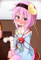 Rule 34 | 1girl, alcohol, black hairband, blue shirt, blush, bottle, breasts, commentary request, cup, drinking glass, drunk, frilled shirt collar, frilled sleeves, frills, hair between eyes, hair ornament, hairband, heart, heart hair ornament, highres, holding, holding cup, ice, ice cube, indoors, komeiji satori, long sleeves, looking at viewer, miniskirt, nose blush, open mouth, pink eyes, pink hair, pink skirt, ribbon-trimmed collar, ribbon trim, sake, sake bottle, shirt, short hair, sitting, skirt, small breasts, solo, suwa yasai, table, third eye, touhou, translation request, wide sleeves, wooden floor