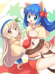 Rule 34 | 2girls, :d, animal ears, asymmetrical docking, bikini, bikini top only, blonde hair, blue hair, blush, bow, breast press, breasts, brooch, brown capelet, brown gloves, capelet, cat brooch, cat ears, cleavage, commentary request, elbow gloves, emurin, feet out of frame, flat chest, gloves, green eyes, hair bow, hug, jewelry, large breasts, leaf hat ornament, long hair, looking at viewer, low-tied long hair, mage (ragnarok online), majiko (emurin), midriff, multiple girls, navel, open mouth, paw print tattoo, pelvic curtain, ragnarok online, red bikini, red bow, red skirt, showgirl skirt, skirt, smile, star-shaped pupils, star (symbol), star brooch, swimsuit, symbol-shaped pupils, tam (ragnarok online), white headwear