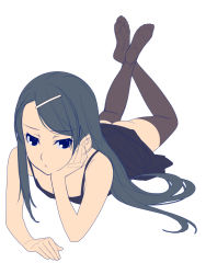 Rule 34 | 1girl, arm support, ass, black dress, blue eyes, blue hair, crossed legs, dress, feet, female focus, flat chest, hair ornament, hairclip, highres, ino (magloid), legs up, long hair, looking at viewer, lying, matching hair/eyes, mochizuki nonoka, no panties, no shoes, on stomach, otome function, simple background, socks, soles, solo, the pose, thighhighs