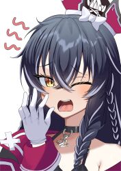 Rule 34 | 1girl, absurdres, anchor choker, black hair, bow, bowtie, counter:side, dracasia, gloves, hat, highres, looking at viewer, multicolored hair, one eye closed, open mouth, solo, streaked hair, white background, white gloves, wldrns232, yawning, yellow eyes