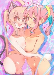Rule 34 | 2girls, :d, @ @, absurdres, ahoge, animal ears, asymmetrical docking, blue hair, blush, breast press, breasts, cat ears, cat tail, closed mouth, collarbone, cowboy shot, earrings, fake animal ears, fake tail, hair intakes, hair ornament, hair scrunchie, highres, housou-kun, hozuki kaede, jewelry, large breasts, looking at viewer, matching hair/eyes, multicolored background, multicolored hair, multiple girls, navel, nipples, nude, onii-chan wa oshimai!, open mouth, oyama mahiro, pink background, pink eyes, pink hair, ponytail, purple background, purple thighhighs, rabbit ears, rabbit tail, scrunchie, shiny skin, sidelocks, small breasts, smile, standing, tail, thighhighs, tongue, tongue out, twintails, two-tone hair, wavy mouth