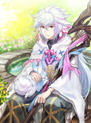 Rule 34 | 1boy, black pants, cape, dated, fate/grand order, fate (series), flower, fon-due (fonfon), fou (fate), fountain, grey eyes, hair between eyes, holding, holding staff, long hair, looking at viewer, male focus, merlin (fate), outdoors, pants, pink ribbon, ribbon, signature, sitting, staff, white cape, white hair