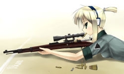 Rule 34 | 1girl, blonde hair, bolt action, bullet, clip (weapon), ear protection, green eyes, gun, headphones, highres, iris (material sniper), karabiner 98k, lying, material sniper, mauser 98, mouth hold, ponytail, rifle, scope, sleeves rolled up, sniper rifle, solo, weapon, yuaa