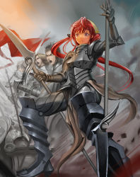 Rule 34 | 1girl, armor, bad id, bad pixiv id, hat, original, polearm, red eyes, red hair, shijima (tanfn), spear, twintails, weapon