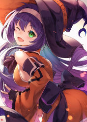 Rule 34 | 1girl, artist request, ass, breasts, fang, fire emblem, fire emblem: path of radiance, fire emblem heroes, green eyes, hat, highres, looking at viewer, looking back, mia (fire emblem), nintendo, one eye closed, purple hair, simple background, skin fang, smile, solo, white background, wink, witch hat