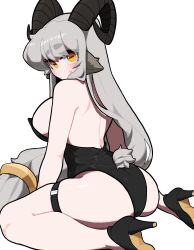 Rule 34 | 1girl, absurdres, animal ears, ass, ass focus, back, backless outfit, black horns, black leotard, blush, bolt (min lona), breasts, detached collar, fake animal ears, fake tail, goat ears, goat girl, goat horns, grey hair, high heels, highleg, highleg leotard, highres, horns, large breasts, leotard, long hair, looking at viewer, looking back, low-tied long hair, min lona, original, playboy bunny, rabbit ears, rabbit tail, simple background, solo, strapless, strapless leotard, sweat, tail, very long hair, yellow eyes