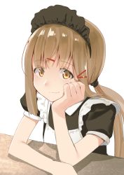 Rule 34 | apron, brown eyes, brown hair, dress, elbow rest, hair ornament, hairclip, hand on own head, kantai collection, long hair, looking at viewer, low twintails, maid, maid headdress, masukuza j, short sleeves, sidelocks, solo, star (symbol), star hair ornament, tashkent (kancolle), twintails