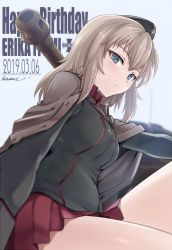 Rule 34 | 1girl, artist name, black hat, black jacket, blue eyes, blurry, blurry background, blurry foreground, blush, brown jacket, character name, closed mouth, commentary, dated, depth of field, dress shirt, emblem, english text, from side, garrison cap, girls und panzer, half-closed eyes, happy birthday, hat, highres, insignia, itsumi erika, jacket, jacket on shoulders, kasai shin, kuromorimine (emblem), kuromorimine military uniform, light blush, light frown, long hair, long sleeves, looking at viewer, military, military hat, military uniform, military vehicle, miniskirt, motor vehicle, pleated skirt, red shirt, shirt, signature, silver hair, sitting, skirt, solo, tank, tiger ii, uniform