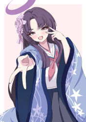 Rule 34 | 1girl, blue archive, blush, eyeshadow, fang, flower, hair flower, hair ornament, halo, haori, highres, japanese clothes, long hair, looking at viewer, makeup, neckerchief, open mouth, parted bangs, pleated skirt, purple eyes, purple hair, purple halo, red eyeshadow, red neckerchief, school uniform, serafuku, short eyebrows, sidelocks, simple background, skin fang, skirt, smile, solo, sumidon, v, yukari (blue archive)