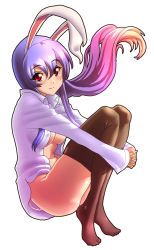 Rule 34 | 1girl, absurdres, animal ears, blush, breasts, brown thighhighs, dress shirt, female focus, highres, kezune (i- -i), large breasts, long hair, long sleeves, looking at viewer, naked shirt, no bra, no panties, open clothes, open shirt, purple hair, rabbit ears, rabbit girl, rabbit tail, red eyes, reisen udongein inaba, shirt, simple background, smile, solo, tail, thighhighs, touhou, white background