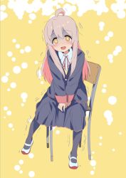 Rule 34 | 1girl, ahoge, blazer, blush, brown eyes, chair, collared shirt, commentary request, full body, genderswap, genderswap (mtf), gloom (expression), grey hair, jacket, long hair, looking at viewer, multicolored hair, neck ribbon, onii-chan wa oshimai!, open mouth, oyama mahiro, pantyhose, pink hair, ribbon, school uniform, shirt, shoes, sitting, skirt, smile, sody, solo, trembling, two-tone background, two-tone hair, uwabaki, v arms, yellow background