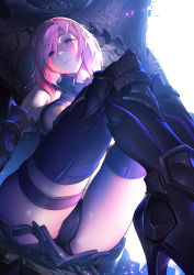 Rule 34 | 1girl, armor, armored dress, bare shoulders, black thighhighs, bo xun lin, boots, fate/grand order, fate (series), hair over one eye, high heel boots, high heels, highres, looking at viewer, mash kyrielight, pink eyes, pink hair, short hair, sitting, solo, thigh strap, thighhighs