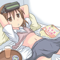 Rule 34 | 1girl, bed, brown eyes, brown hair, chips (food), clothes lift, clothes pull, drink, food, glass, head-mounted display, lee (monsterheart), lying, midriff, misaka imouto, misaka imouto 9982, navel, on back, on bed, potato chips, school uniform, shirt lift, shirt pull, short hair, solo, sweater vest, toaru majutsu no index, tray