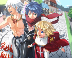 Rule 34 | 2girls, 3boys, 6+others, abs, ahoge, armor, assassin cross (ragnarok online), belt, black belt, black cape, black hair, black legwear, black pants, blonde hair, blue eyes, blue hair, blurry, breasts, cape, closed mouth, cloud, commentary request, cowboy shot, cross, cross necklace, day, depth of field, dress, eyes visible through hair, fisheye, flame print, full body, garter straps, green eyes, hair between eyes, high priest (ragnarok online), house, in-universe location, jewelry, juliet sleeves, long sleeves, looking to the side, market stall, medium breasts, medium hair, multiple boys, multiple girls, multiple others, muscular, natsuya (kuttuki), necklace, open mouth, outdoors, pants, path, pauldrons, puffy sleeves, ragnarok online, red dress, red eyes, red scarf, road, scarf, shopping, short hair, shoulder armor, skull, sky, smile, standing, sura (ragnarok online), teeth, thighhighs, topless male, town, tree, two-tone dress, upper teeth only, waist cape, walking, white dress, white hair, white legwear, white pants, whitesmith (ragnarok online)