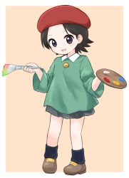 Rule 34 | 1girl, 2021, adeleine, artist painter, beret, black hair, blue eyes, border, brush, child, commentary request, dot nose, full body, green shirt, hands up, hat, highres, kirby (series), kirby 64, light brown background, looking at viewer, nintendo, open mouth, orange background, paintbrush, palette (object), paskmel, pleated skirt, purple eyes, red hat, shirt, shoes, short hair, simple background, skirt, smile, smock, socks, solo, tomboy, white border