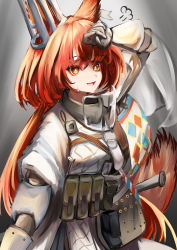 Rule 34 | 1girl, :d, absurdres, animal ears, arknights, armor, breastplate, brown bag, ear covers, ear tag, flametail (arknights), gauntlets, gloves, grey background, grey gloves, hand up, highres, hot, kurosabi neko, long hair, open mouth, pouch, red hair, sheath, sheathed, simple background, smile, solo, squirrel ears, squirrel girl, squirrel tail, sweat, tail, upper body, yellow eyes