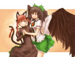 Rule 34 | 2girls, animal ears, bad id, bad pixiv id, black hair, blush, bow, braid, cat ears, cat girl, cat tail, female focus, hair bow, hair ribbon, holding hands, kaenbyou rin, kokotetsu, long hair, multiple girls, multiple tails, one eye closed, open mouth, red eyes, red hair, reiuji utsuho, ribbon, short hair, smile, tail, touhou, twin braids, twintails, wings, wink